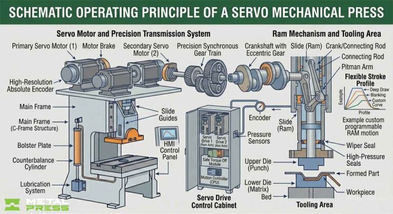 Esquema del principio de funcionamiento de una prensa servomecánica - MetalPress Machinery