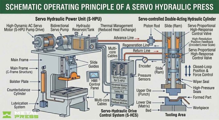 Esquema del principio de funcionamiento de una prensa servohidráulica - MetalPress Machinery