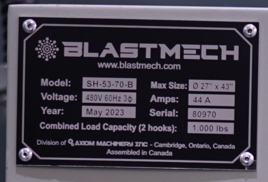 SH-53-70-B serial 80970 nameplate: 27 inch diameter by 43 inch maximum size and 1000 lb combined hook load