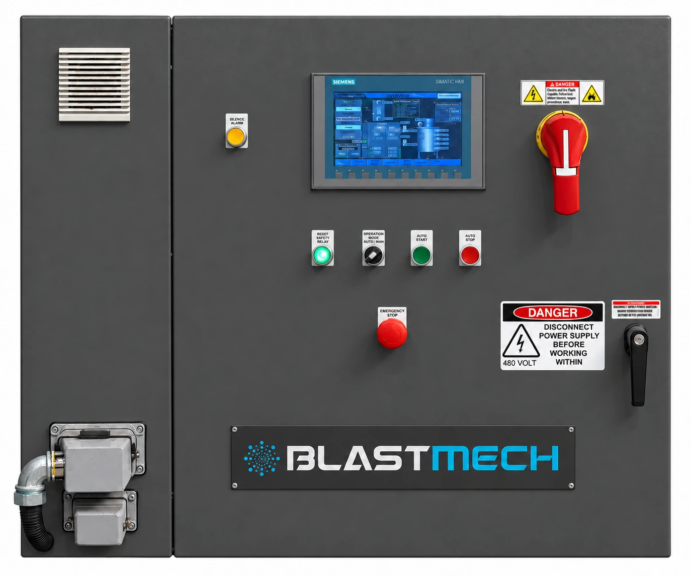BlastMech Siemens HMI control cabinet with MetalPress dark charcoal painted finish