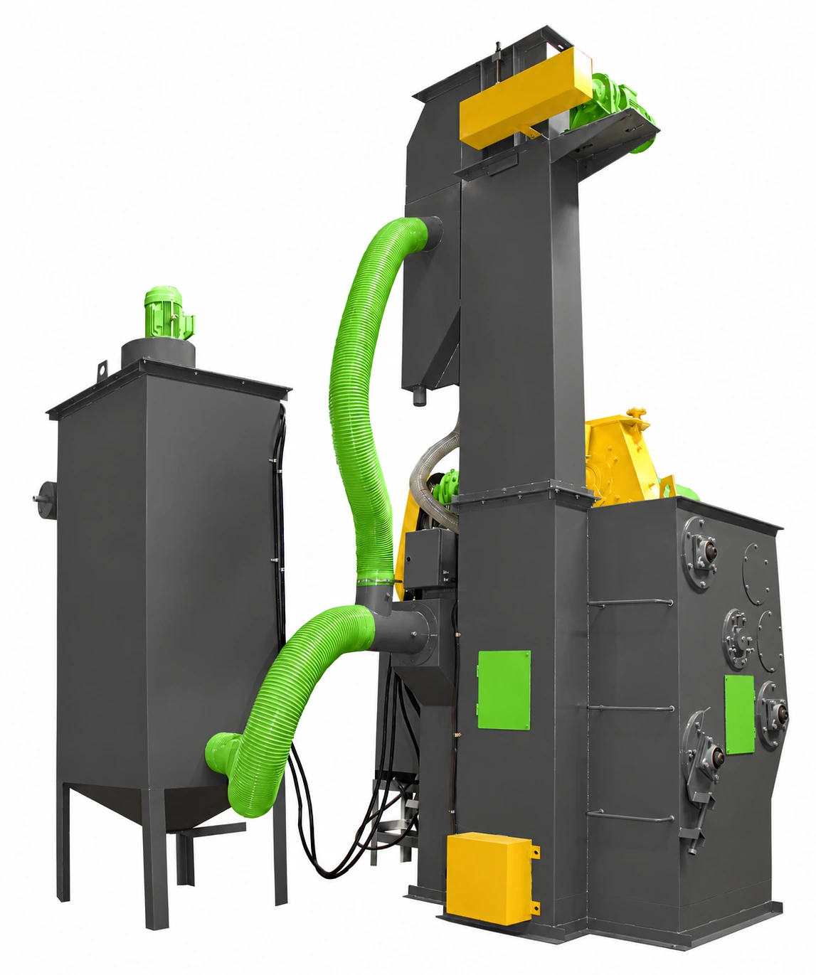 Rear view of BlastMech TB equipment with dark charcoal bodywork and green hoses and motors