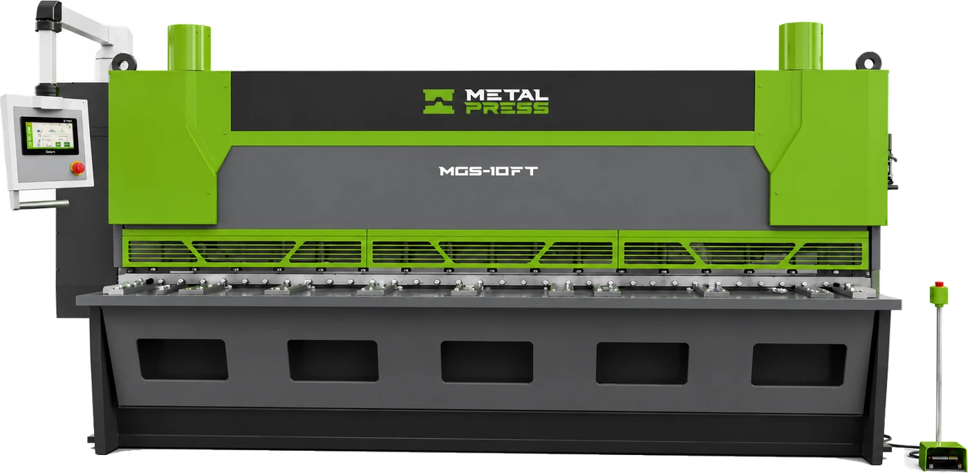 MetalPress Titan Class MGS guillotine shear with green panels, black logo strip and dark grey fascia