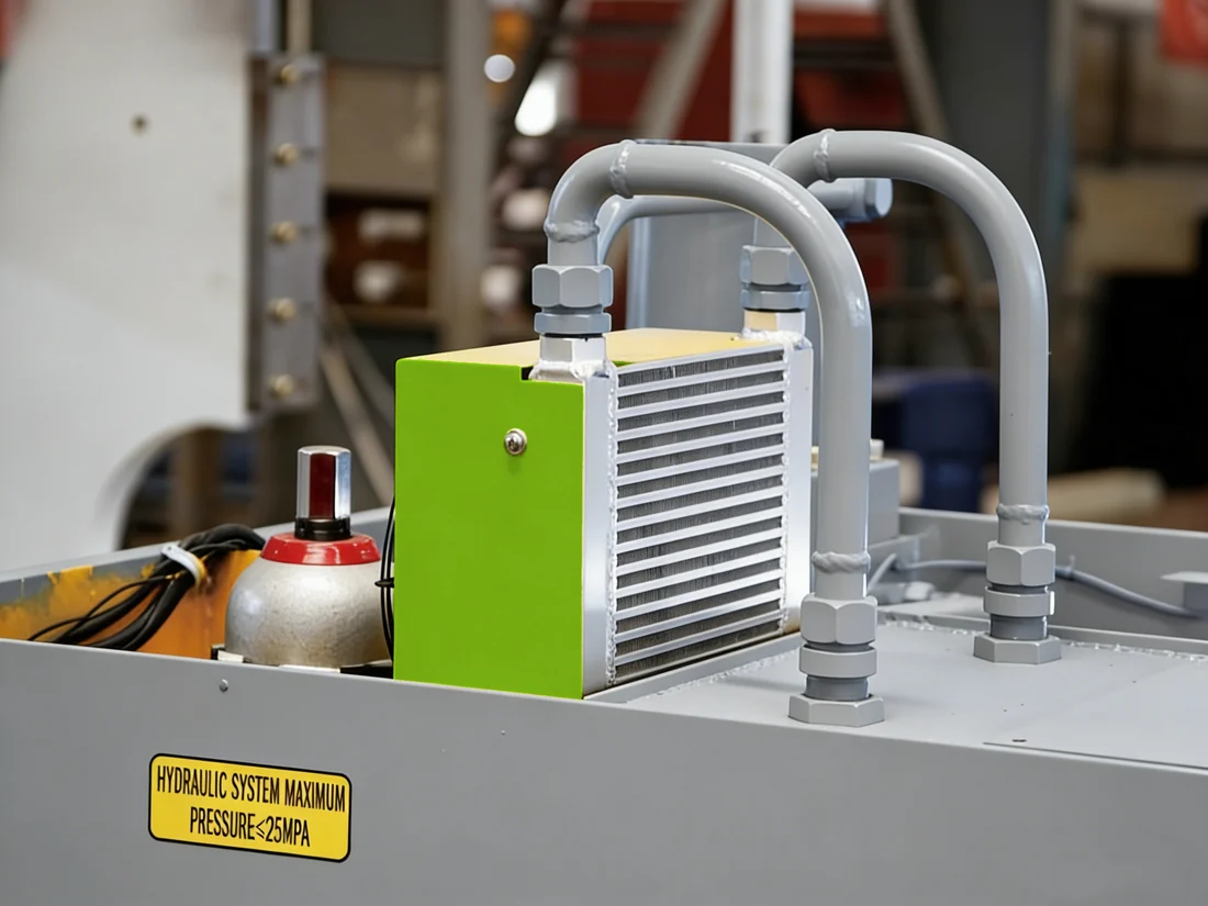 Optional hydraulic oil air cooler with a green casing and original safety labels