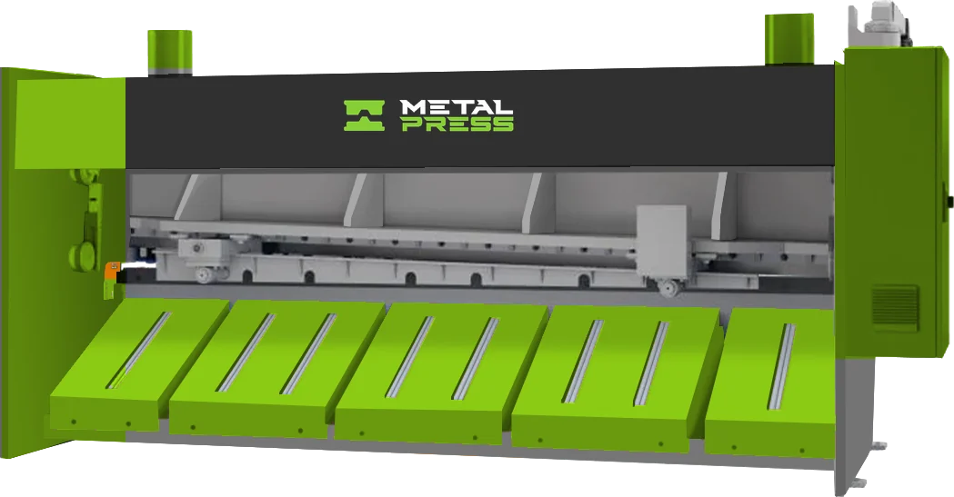 Titan Class MGS pneumatic rear sheet support with green panels and a black MetalPress logo strip