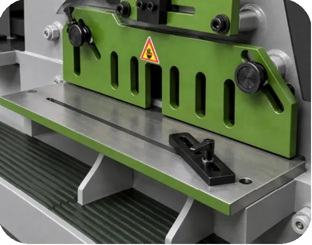 Ironworker flat bar shear with support table and adjustable material guides