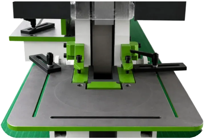 Ironworker notching station with gauging table and adjustable stops