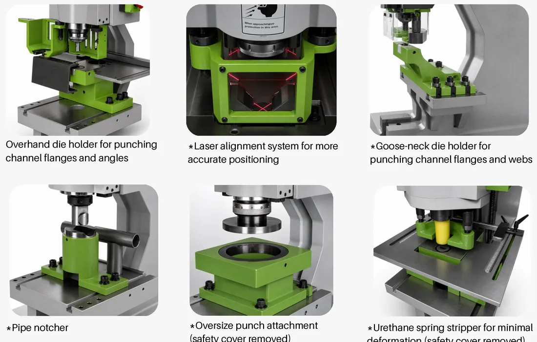 Ironworker punching attachments including laser alignment, pipe notching, oversize punch and urethane stripper