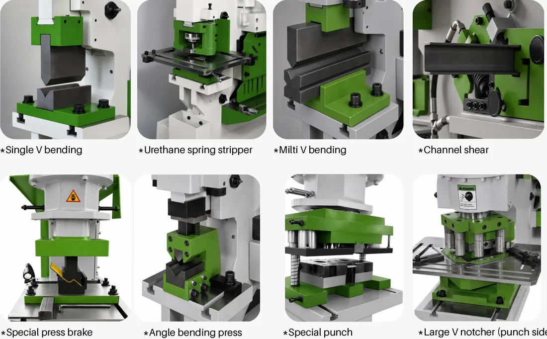 Optional Ironworker tooling for single and multi-V bending, channel shearing, angle bending, special punching and large V notching